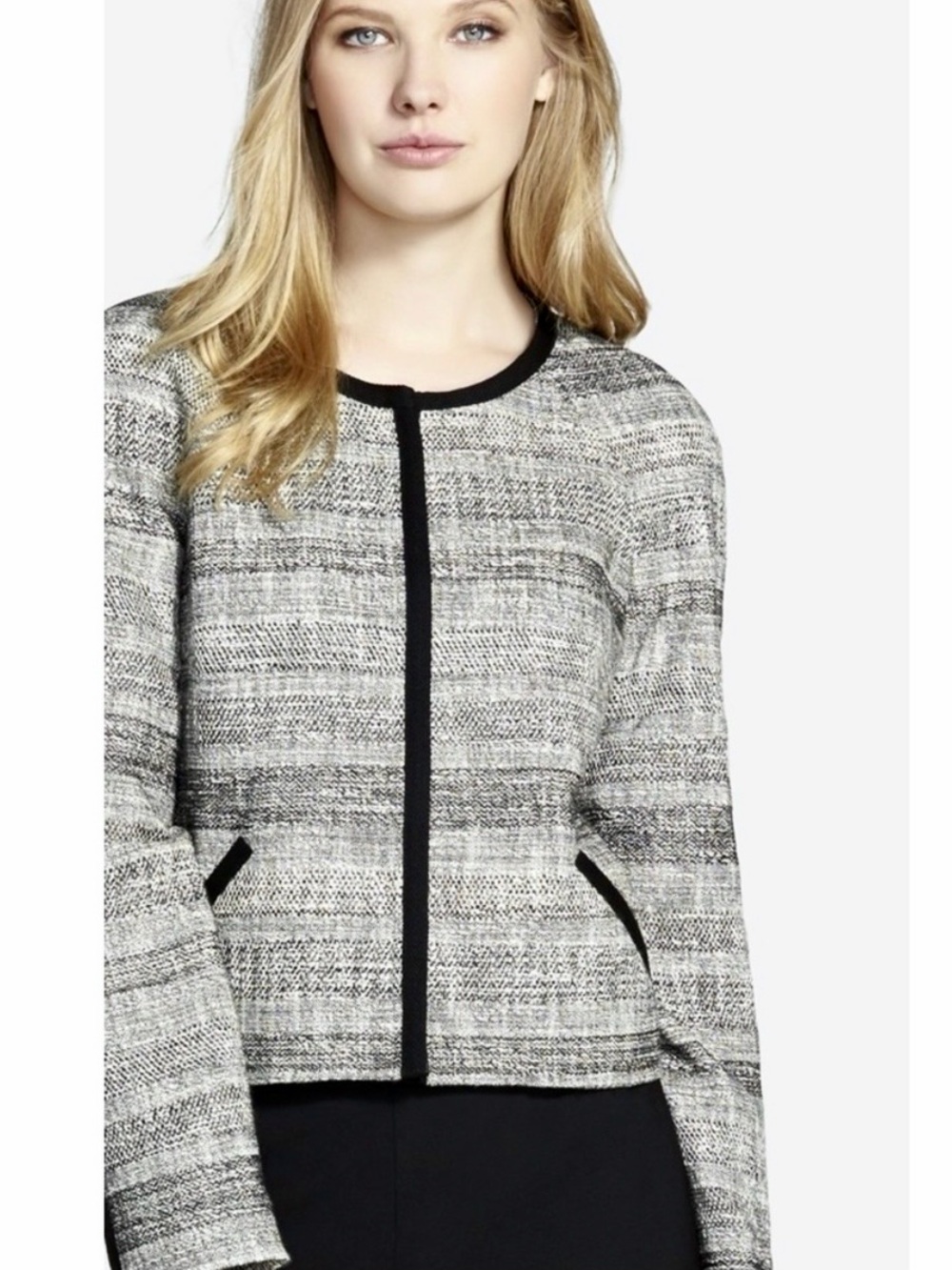 Hugo Boss Jalomi Tweed Jacket Blazer Black Ivory Front Trimmed Career | Size 8